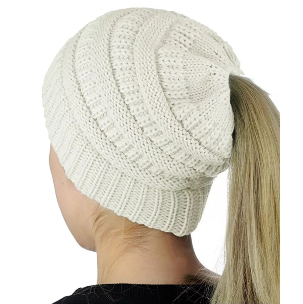 White Messy Bun/Ponytail Beanie